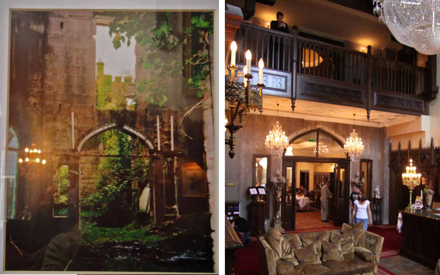 Photograph on left shows the castle in ruins, and on the right the restored reception area.