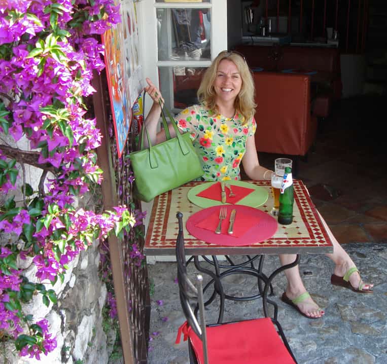It's important shoes match the bag AND the cafe decor!