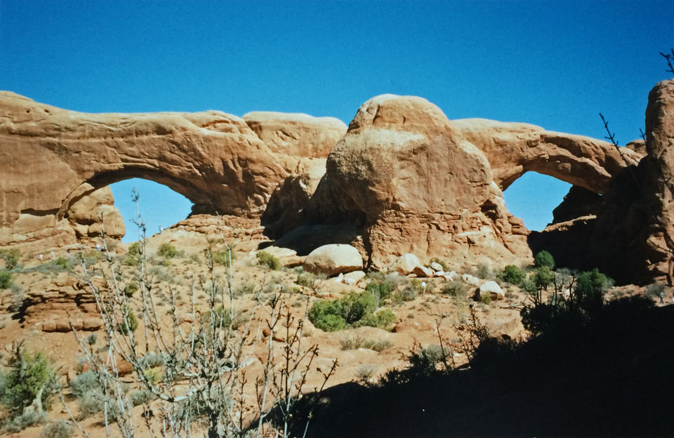 Double arch formation in Arches National Park just outside Moab
