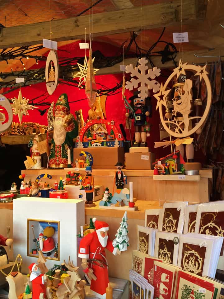 Old World ornaments and cards are sold in the chalet-style kiosks that line the cobbled streets.
