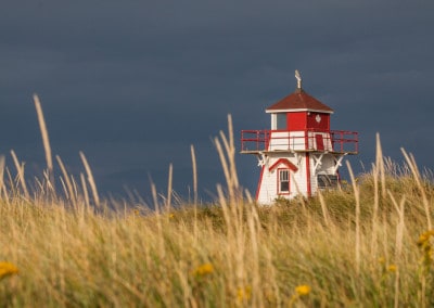 red and white lighthouse with grasses in foreground PEI