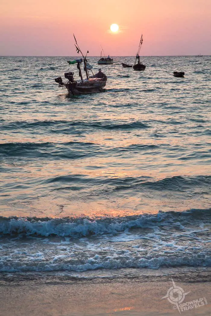 Sunset fishing boats Ngapali Beach Myanmar