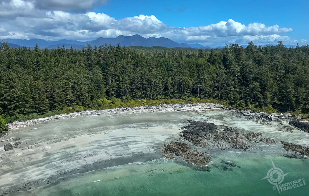 Driftwood beach near Tofino helicopter view