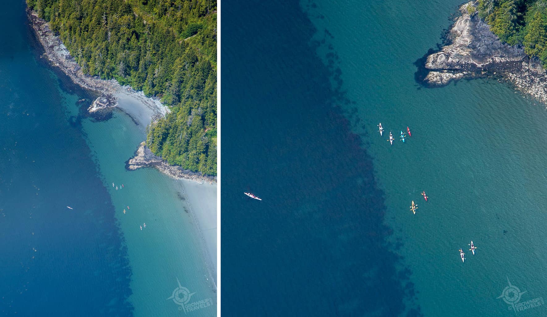 Aerial view of kayakers near Tofino