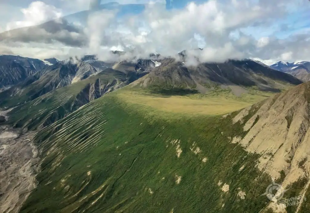 aerial shot of grassy slopes in Kluane National Park