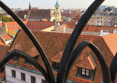 Bratislava Slovakia Clock Tower through railing St. Martins Gate