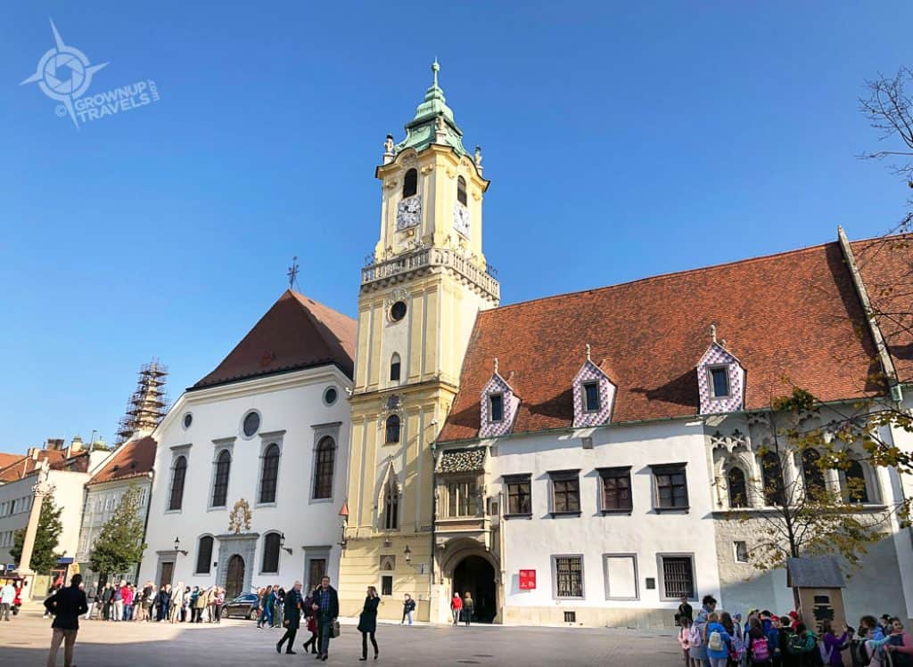 Hlavne namestie square Bratislava with Old Town Hall Tower