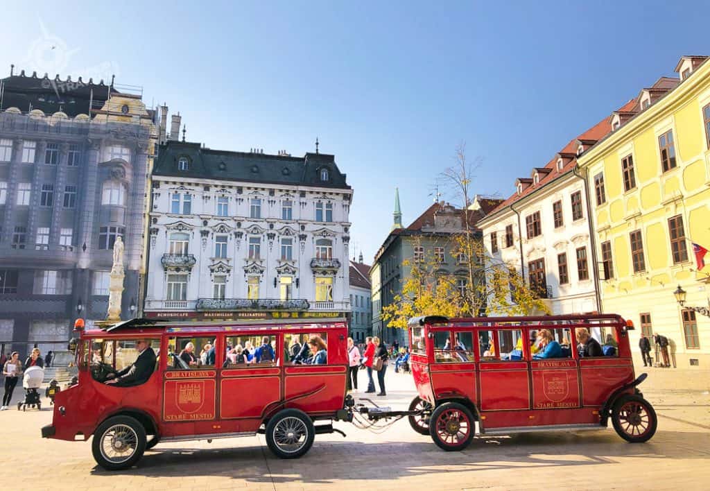 Tram Trains in Hlavne Namestie square Bratislava