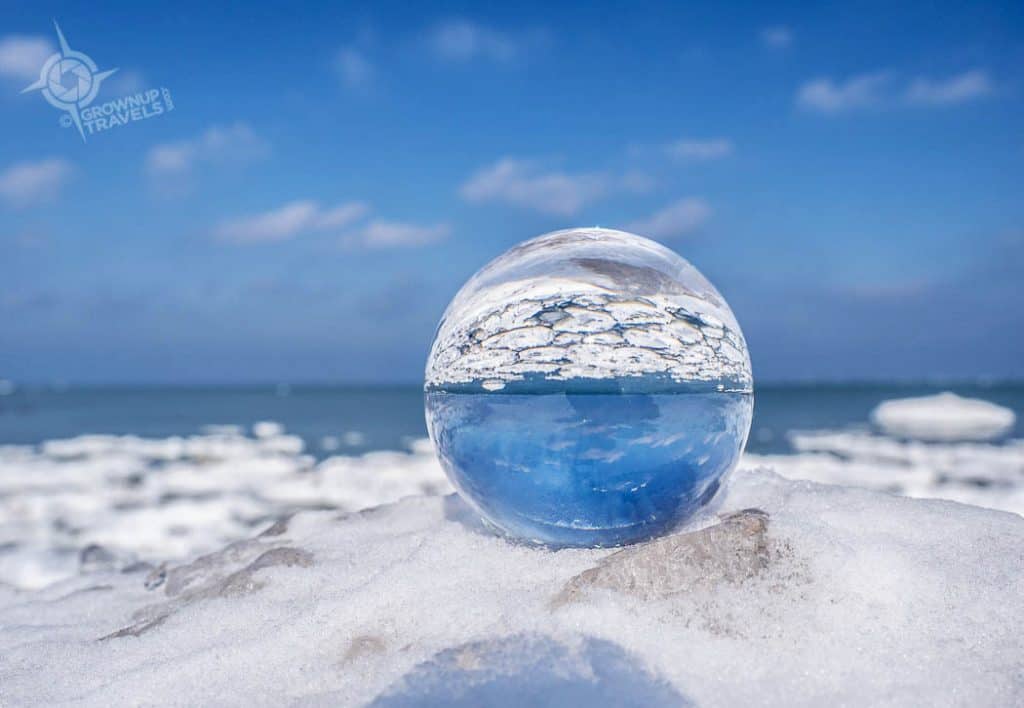 Grimsby frozen lakefront lensball
