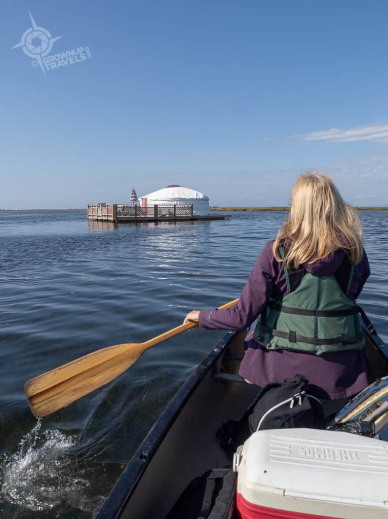 Gaspe Jane canoeing to floating Yurt