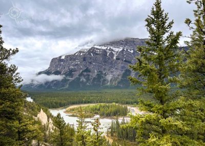 Banff Alberta views of sandbars in river and mountains