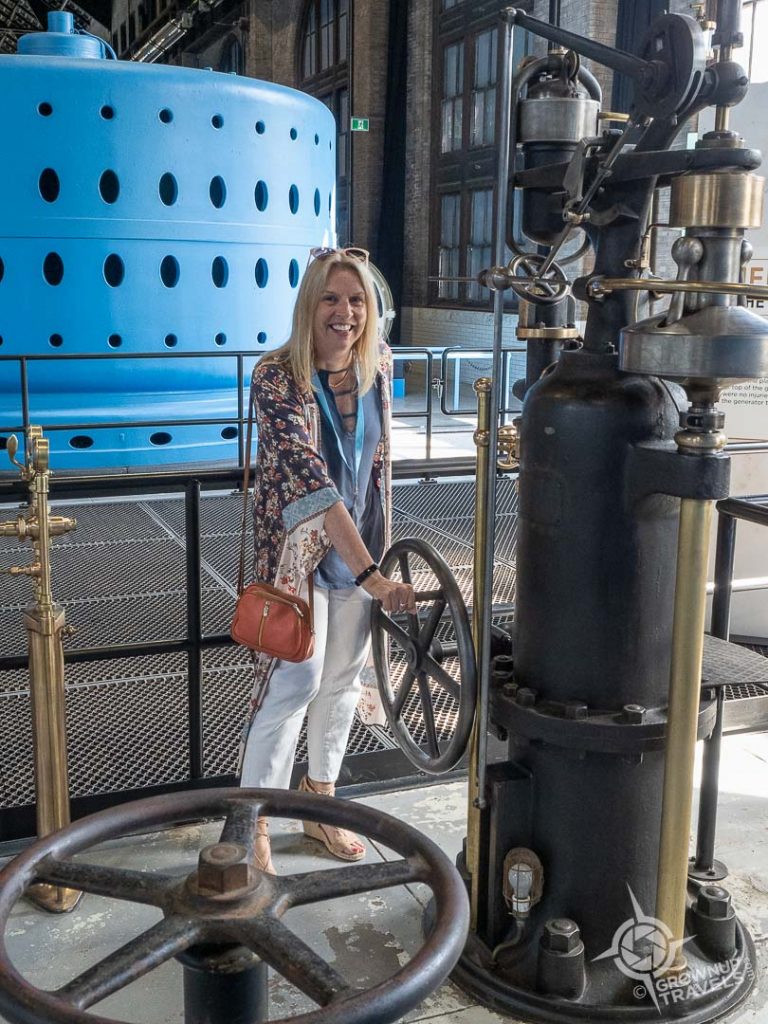Jane with machinery in the Niagara Parks Power Station