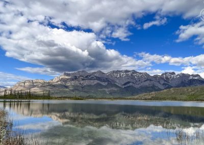 Panorama of Reflections of folding mountain near Jasper Alberta
