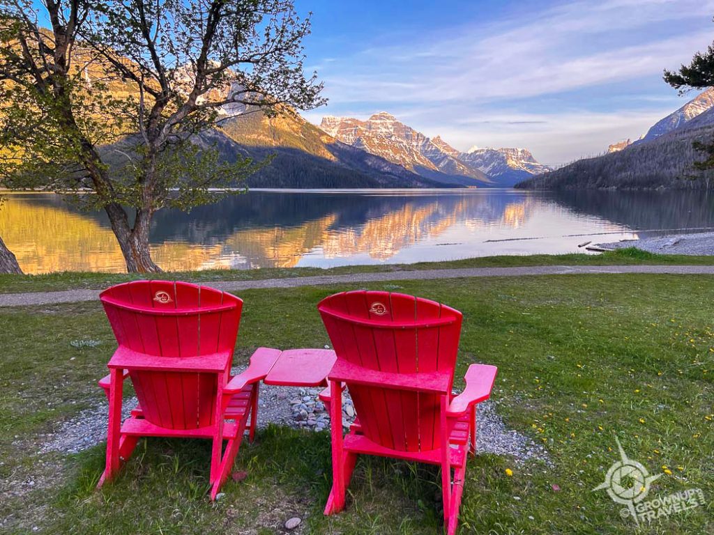 Parks Canada red chairs Waterton Lakes with reflection