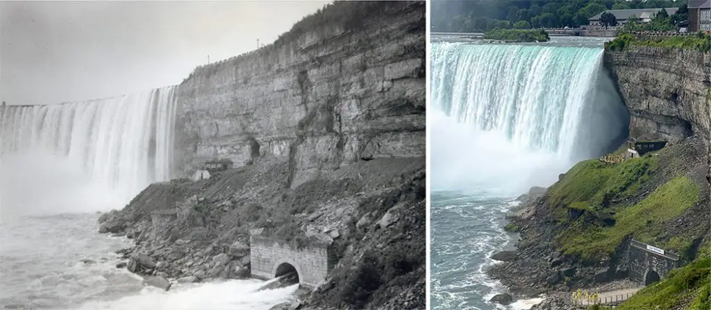 2 images of the tailrace tunnel exit in Niagara Falls Canada