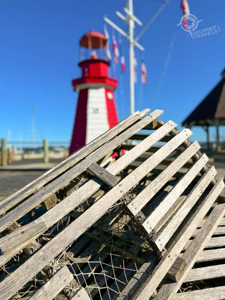Photogenic lighthouse and lobster traps on Yarmouth wharf