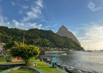 View of Piton from Soufriere waterfront park St. Lucia