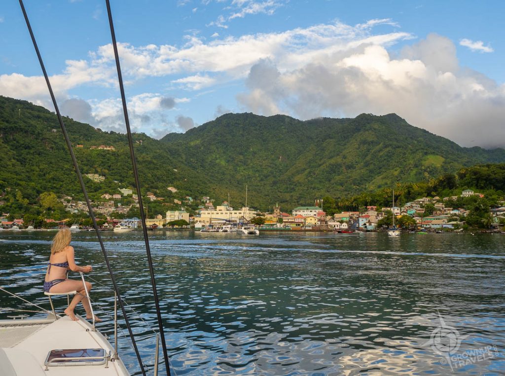 view of Soufriere St Lucia from catamaran