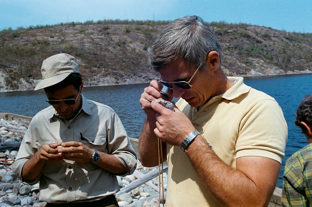 Apollo 17 Astronauts Jack Schmitt and Eugene Cernan in Sudbury in 1972 studying rock samples