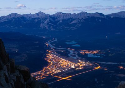 The town of Jasper at Blue Hour from the peak of the SkyTram
