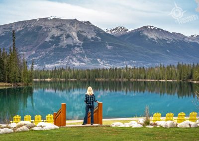 Lac Beauvert with Jane at shoreline Jasper Park Lodge