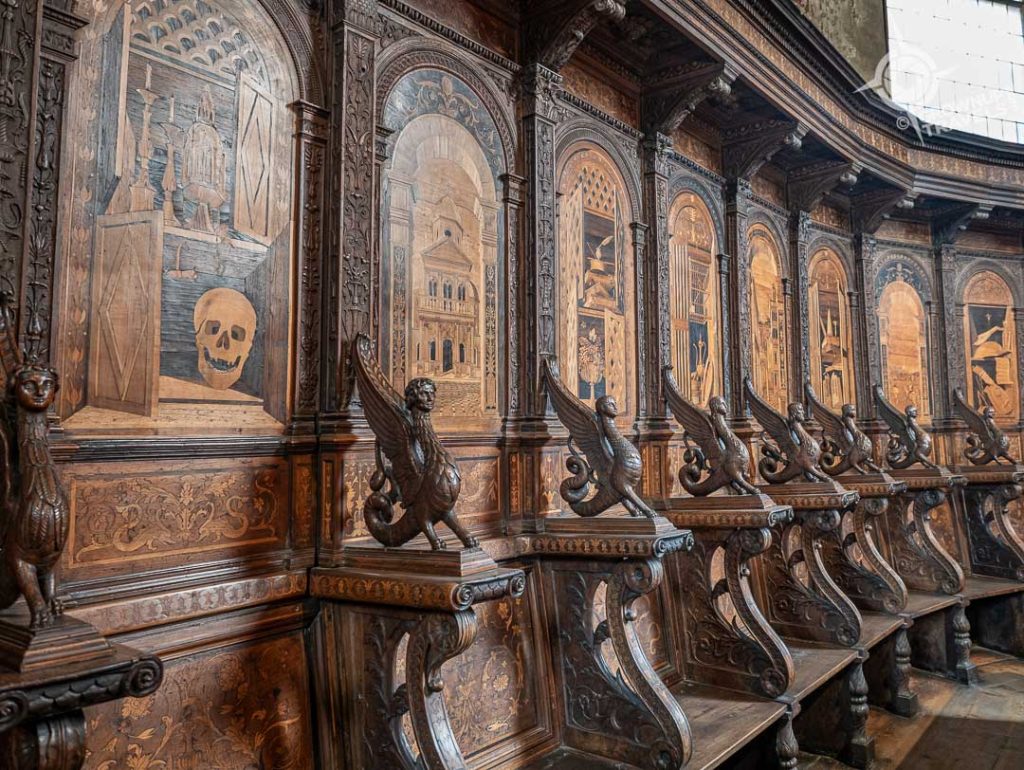 Intarsia woodworking behind altar at Santa Maria in Organo Verona