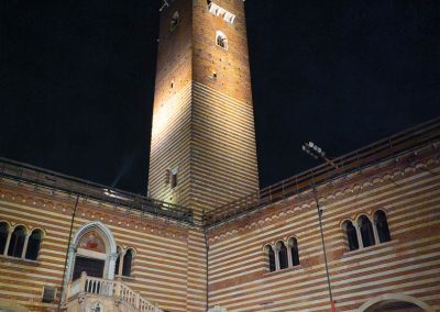 Lamberti clock tower from Cortile Mercato Vecchio at night Verona