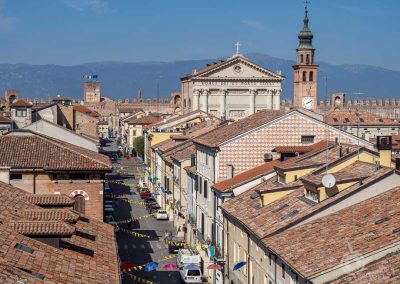 View of Cittadella street wth flags from above