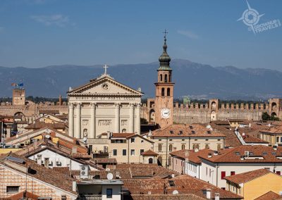 View of Cittadella with mountains in distance seen from walls