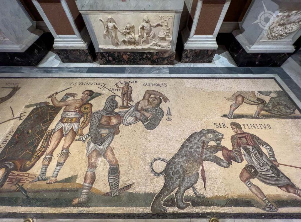 Gladiator mosaics on floor in Villa Borghese Rome