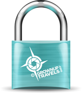 turquoise lock with Grownup Travels logo