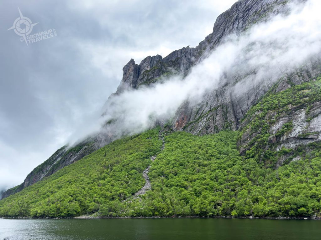 Western Brook Pond cliffsides with mist