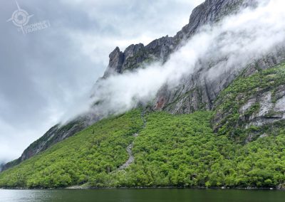 Western Brook Pond cliffsides with mist