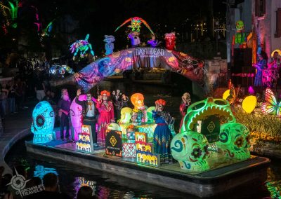 Float and bridge Day of the Dead Riverwalk Parade