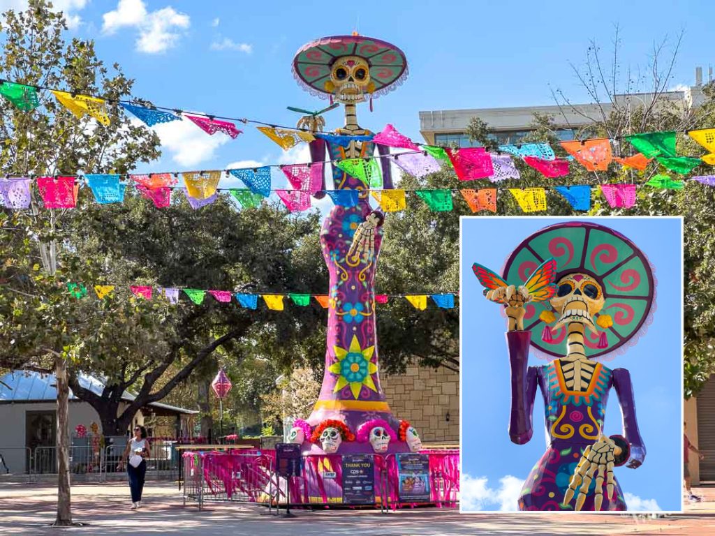 Giant La Catrina with papel banners La Villita San Antonio