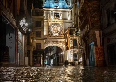 Le Gros Horloge raining night Rouen