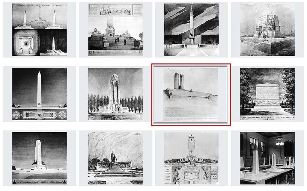 Some of the 160 design submissions for Vimy Memorial