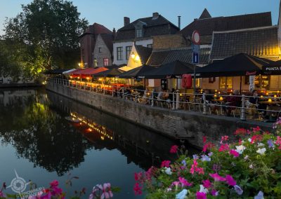 Canal restaurants at night Bruges Belgum