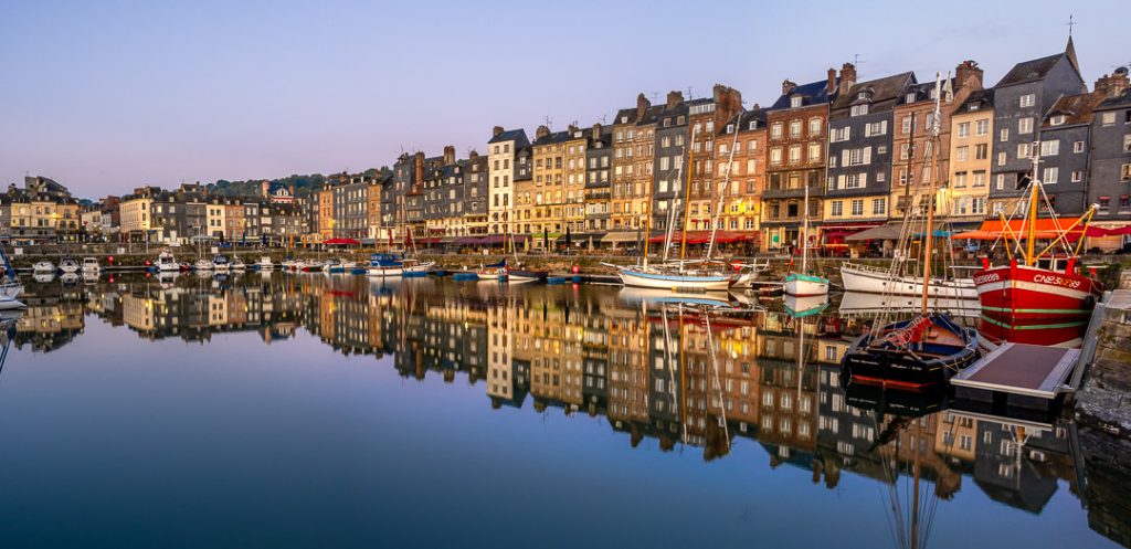 Honfleur harbour morning reflections panorama