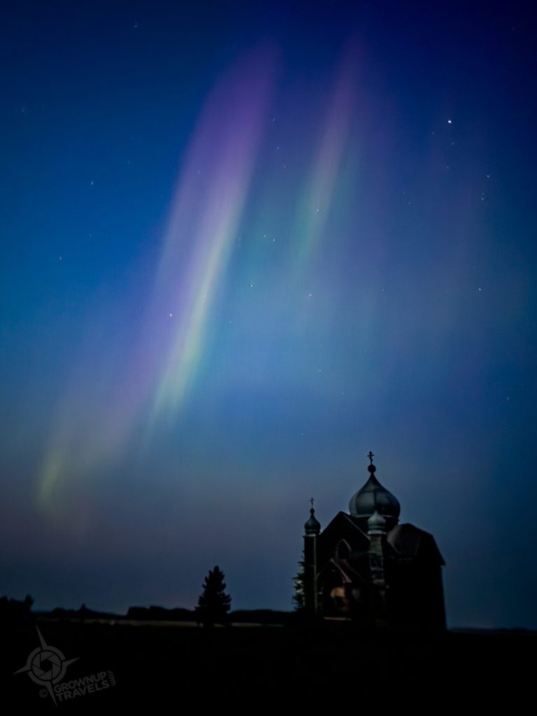Northern lights over unfinished Ukrainian church Saskatchewan