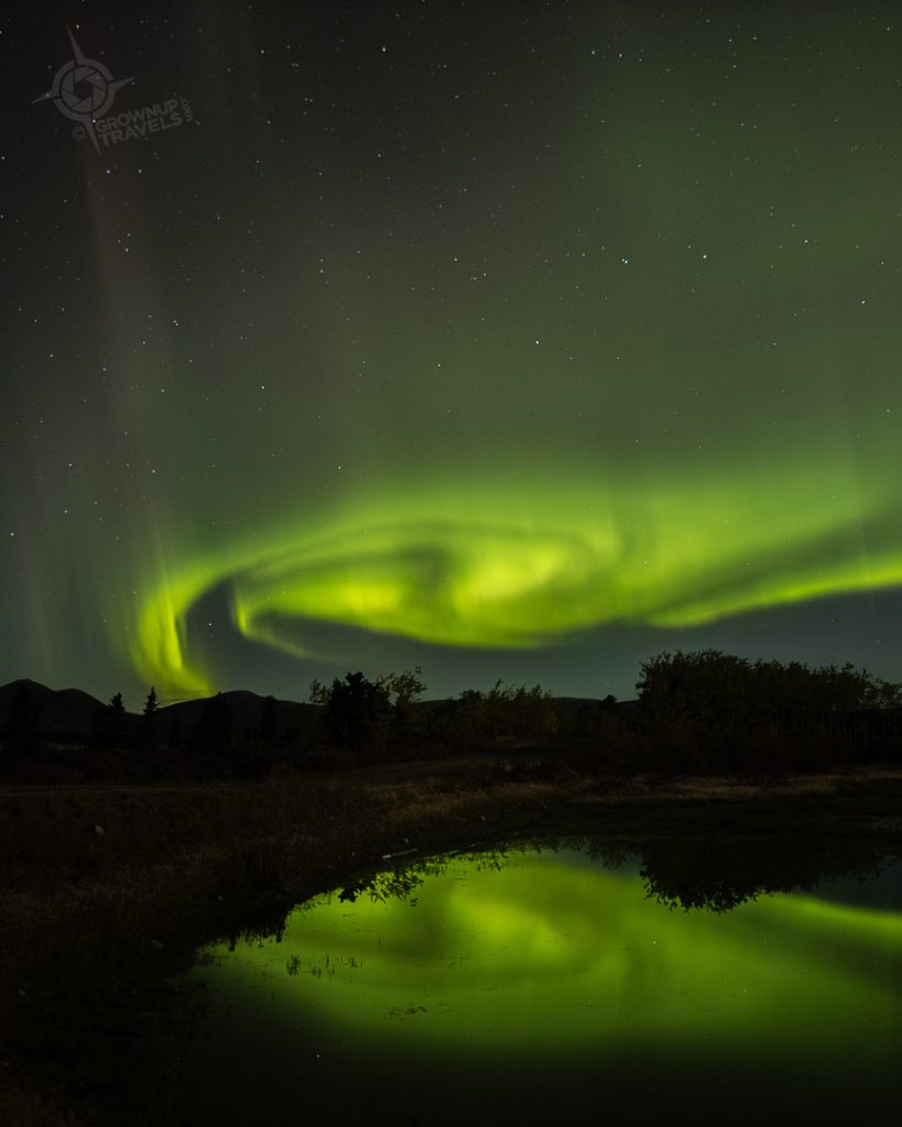 Fish Lake Road Northern Lights vert swirls Yukon-1