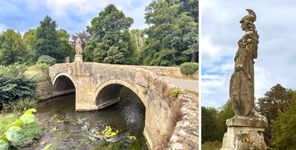 Medieval stone bridge with Brittania Iford Manor Garden