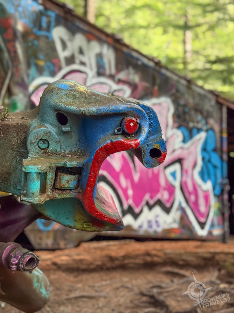 detail of graffiti on wrecked boxcar