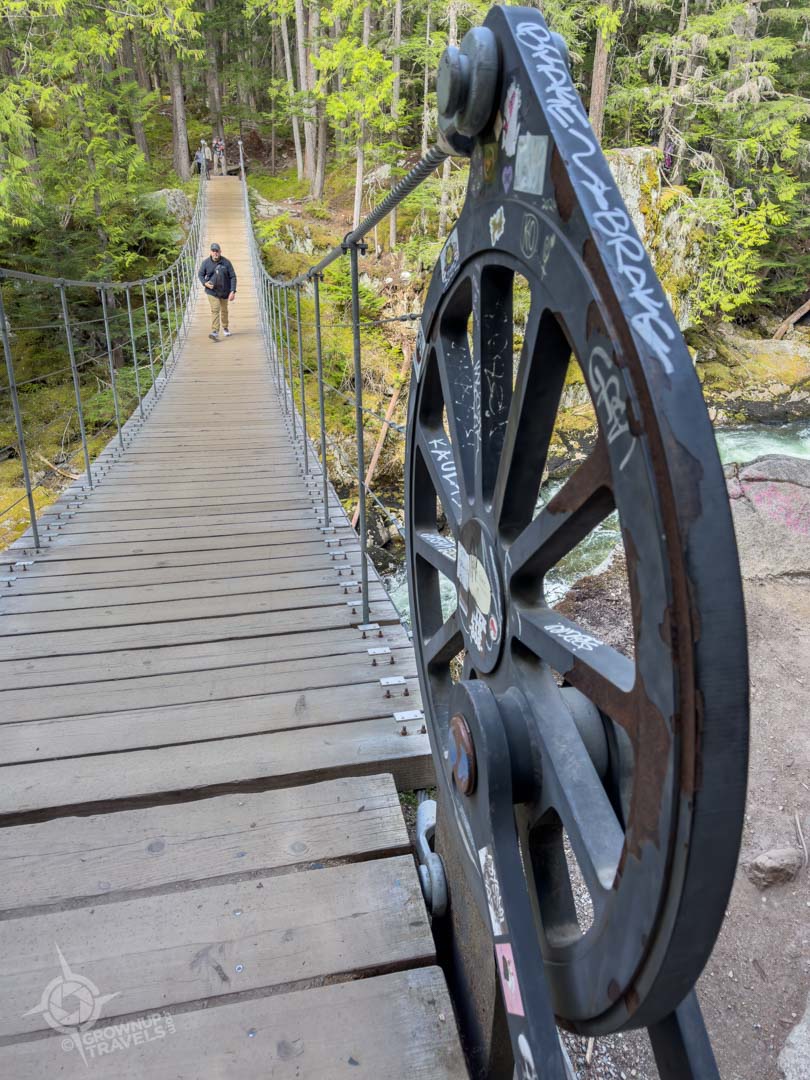 Train Wreck Trail suspension bridge cable wheel
