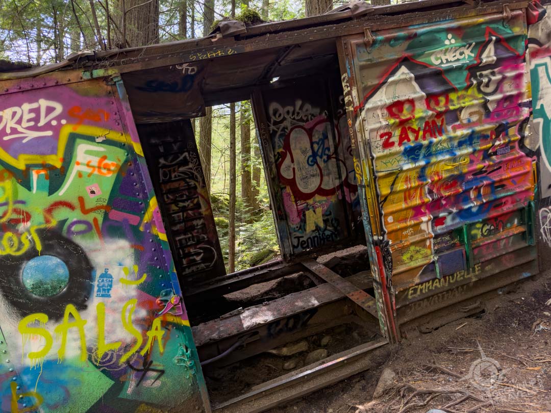 The Train Wreck Trail going right through wrecked boxcar