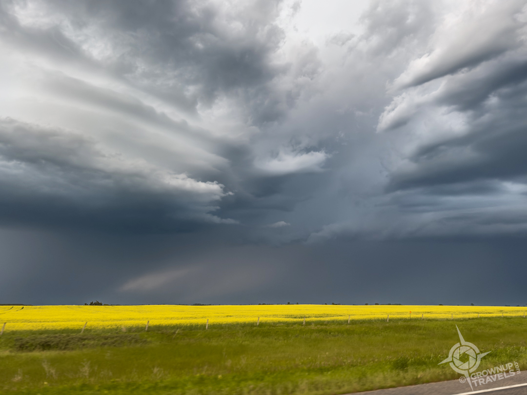 Storm Chasing Saskatchewan clouds over electric canola field