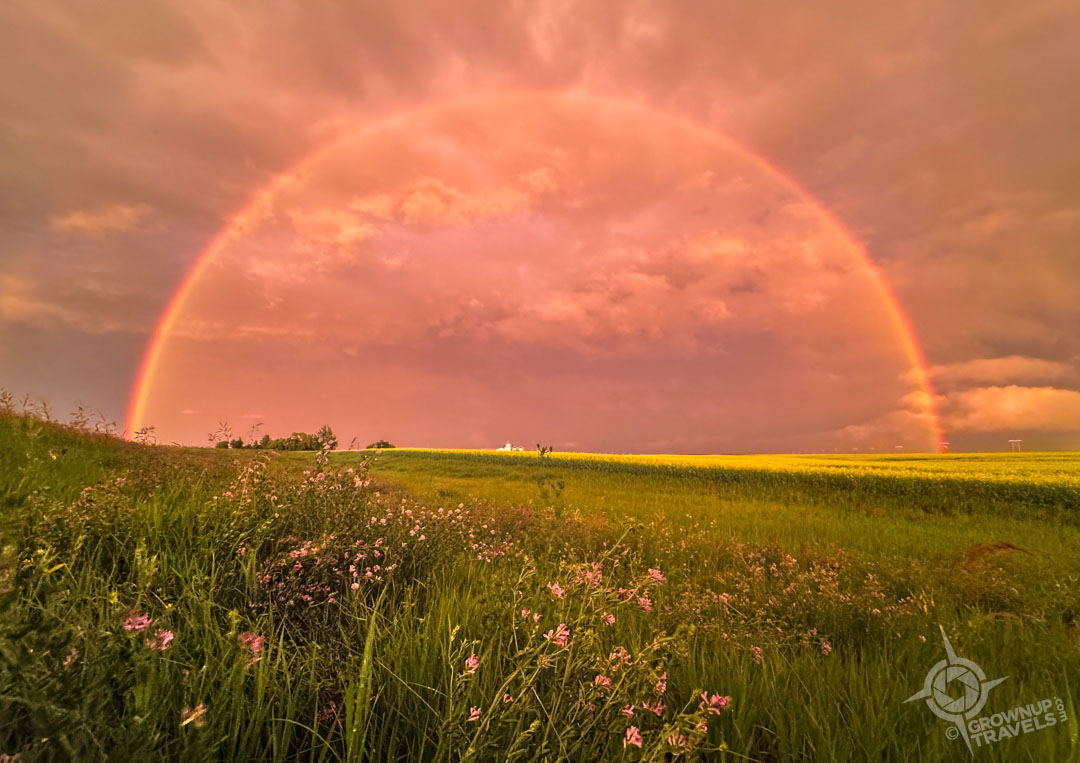 A double rainbow under pink light near Weyburn, Saskatchewan
