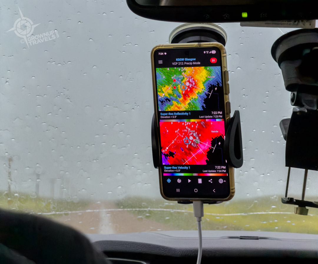 Storm Chasing Saskatchewan radar on phone in car