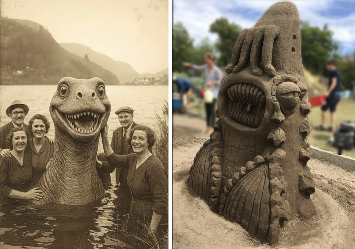 1933 'photo' of Mugwump and sand sculpture by James W. Scott